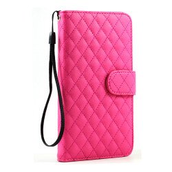 Note 3 Quilted Flip Leather Wallet Case w Stand and Strap (Hot Pink)